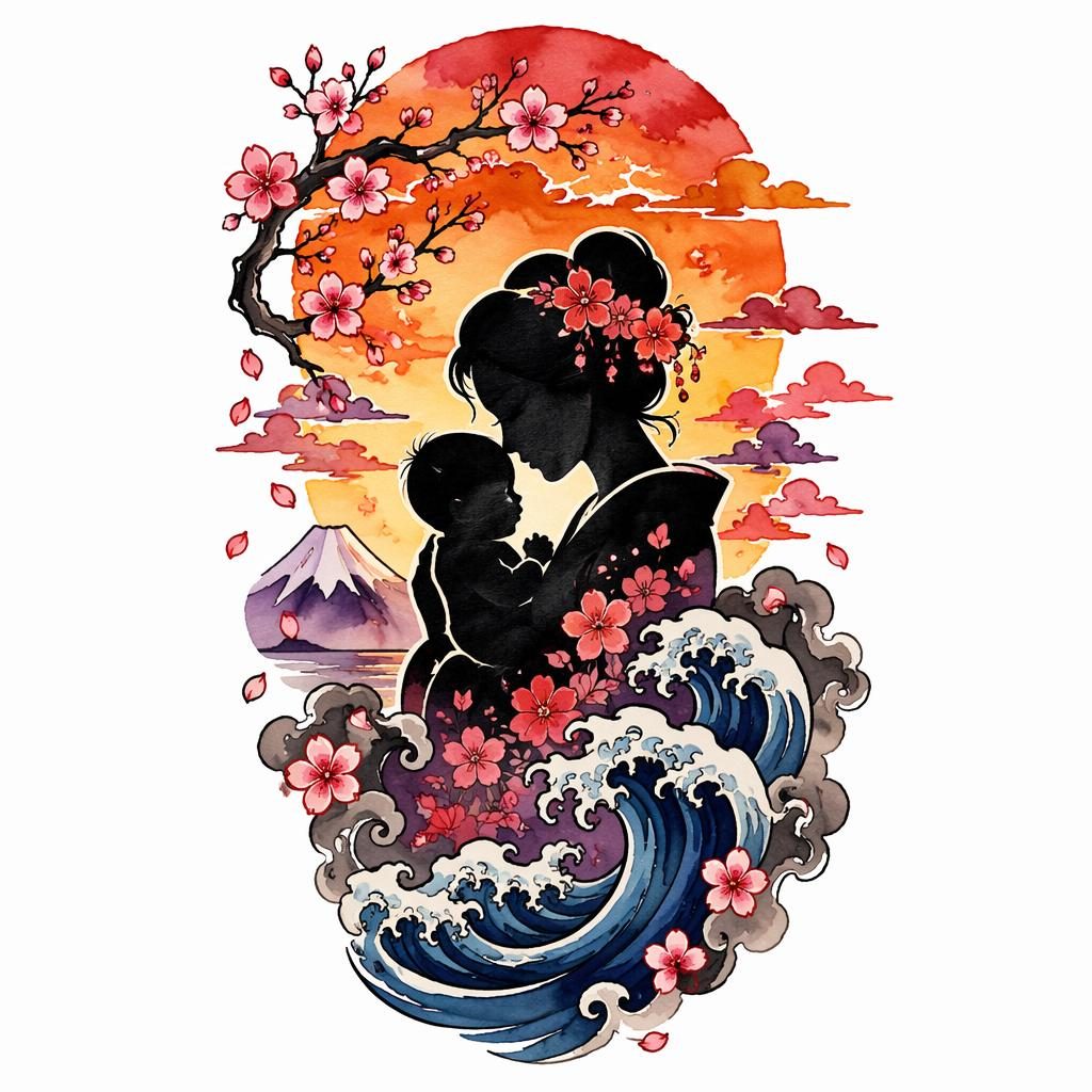 Diseño de tatuaje en papel blanco con silueta de mamá y bebé, estilo irezumi y paleta acuarela de atardecer.
