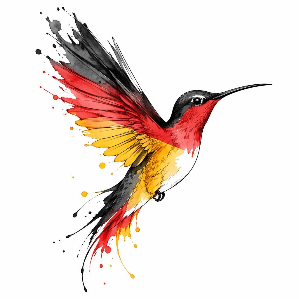 Tattoo-Design auf weißem Papier: Aquarell-Kolibri mit klaren Linien als saubere Flash-Sheet-Illustration.