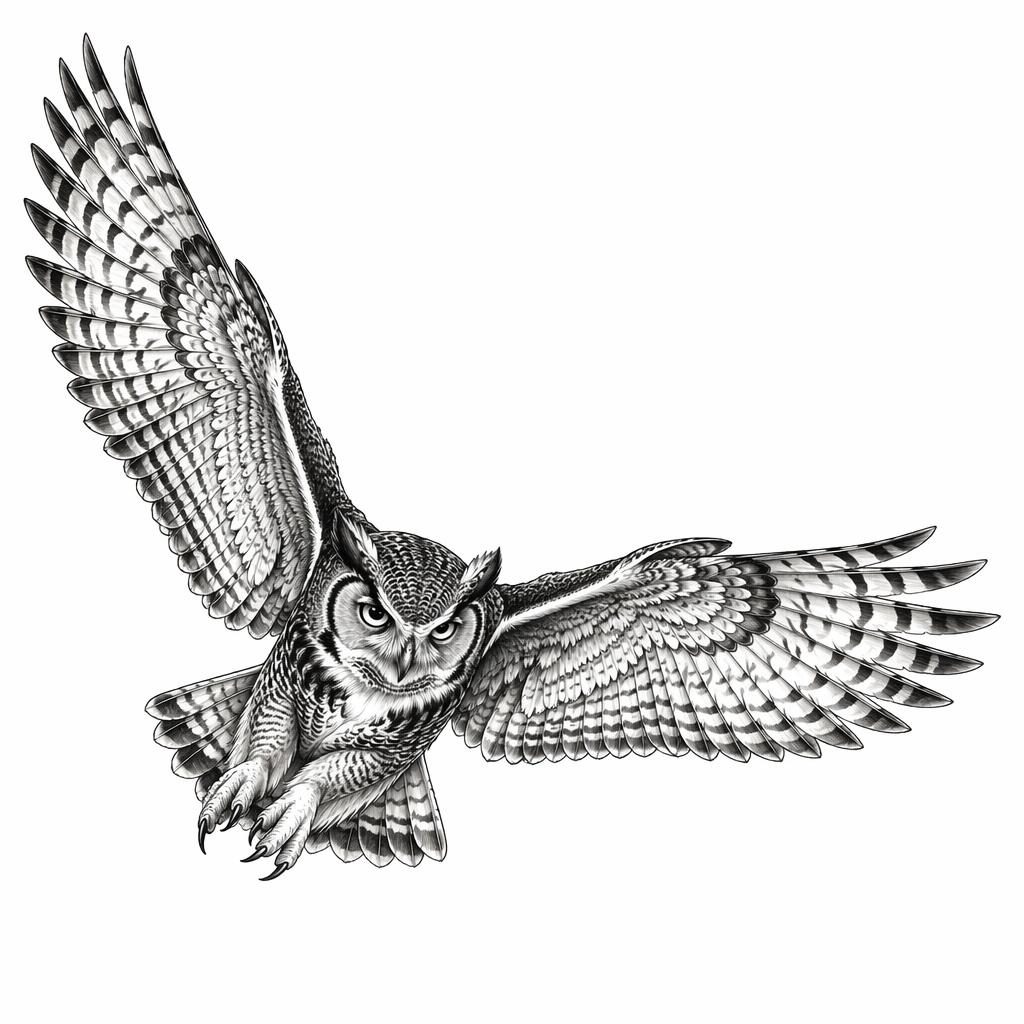 High-contrast owl in flight tattoo design on white paper, clean flash-sheet linework with sharp details.