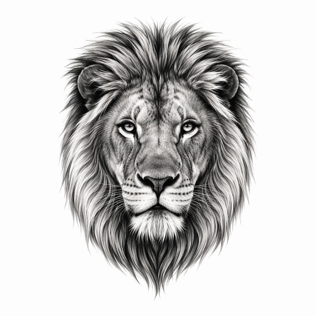 Realism lion portrait tattoo design on white paper, high-contrast flash-sheet illustration with sharp clean lines.