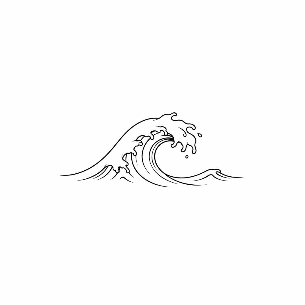 Minimalist fineline wave tattoo flash drawn on white paper in traditional American style with sharp black lines.