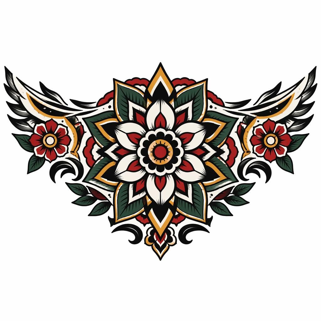Traditional American mandala chest-piece tattoo design on white paper, clean flash-sheet lines, high contrast.