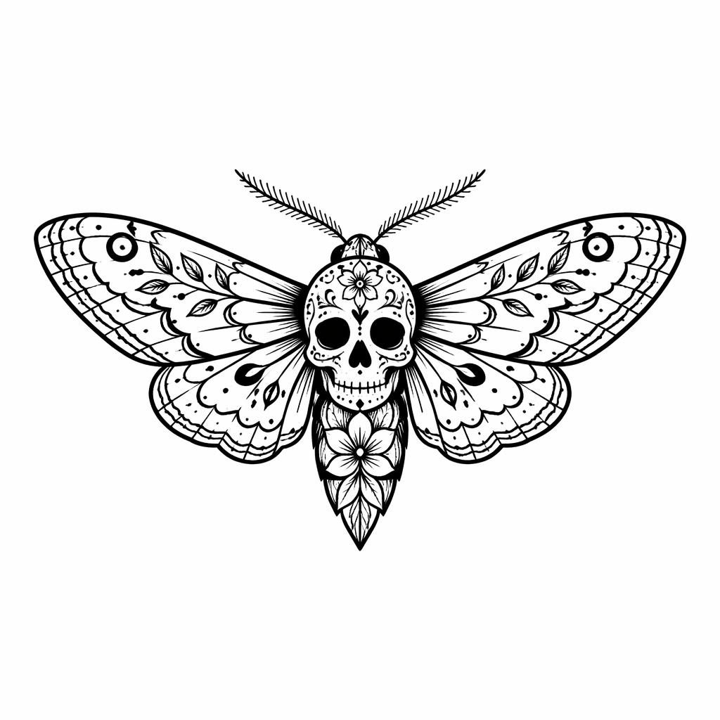 Blackwork moth chest tattoo design on white paper in fineline minimalist style with sharp high-contrast lines.