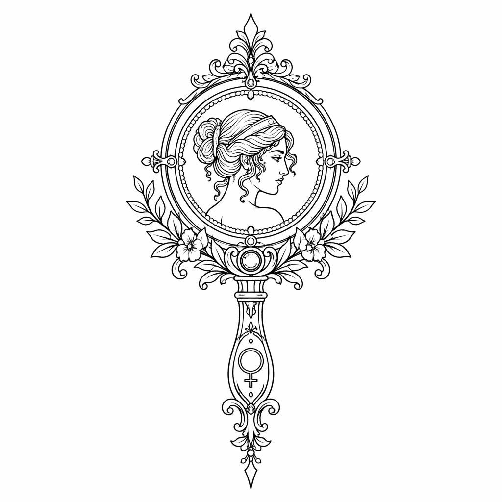 Fineline minimalist tattoo flash of a neo traditional Venus mirror on white paper, with sharp black lines and high contrast.