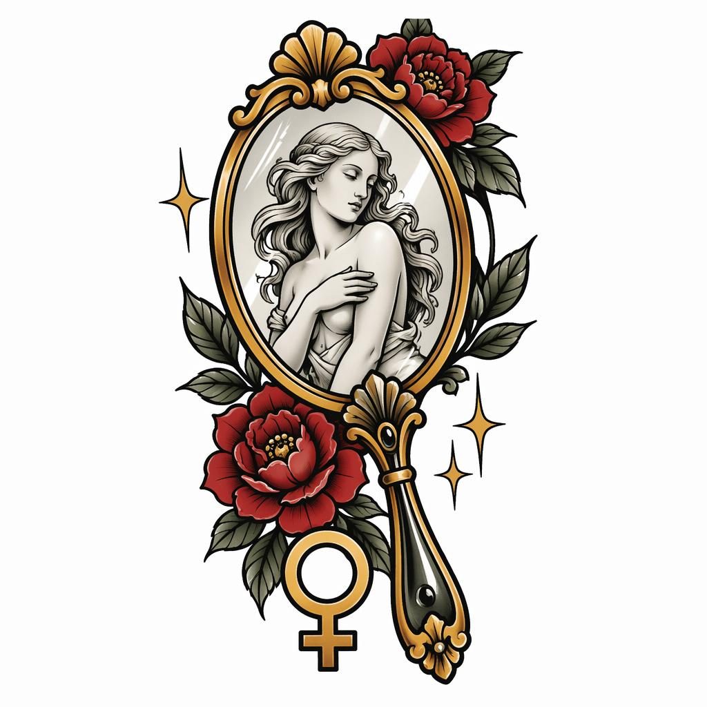 Neo traditional Venus mirror tattoo design concept on white paper with sharp black lines and clean flash-sheet style.