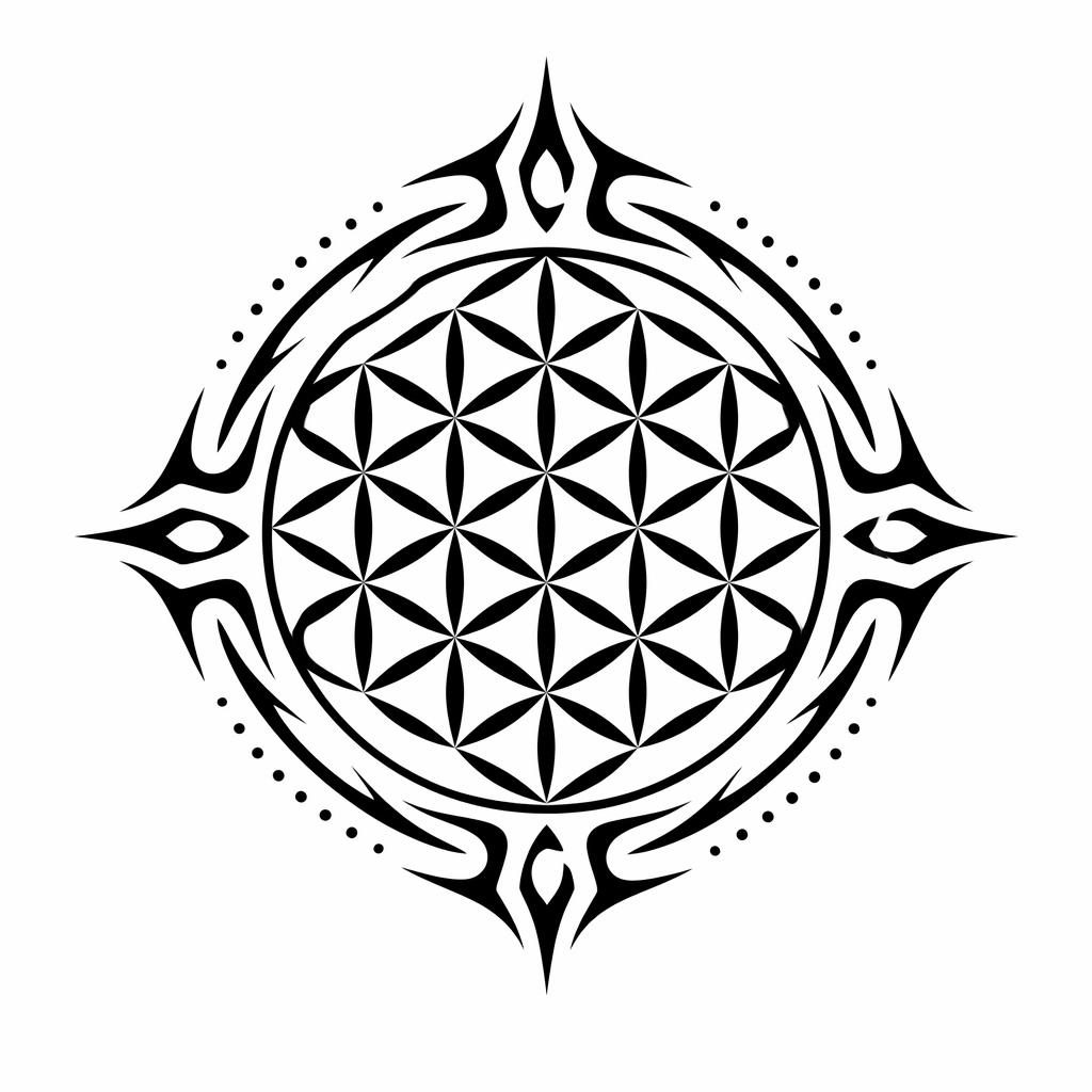 Tribal flower of life tattoo design on white paper, small rib cage placement, sharp black lines, plain white background.