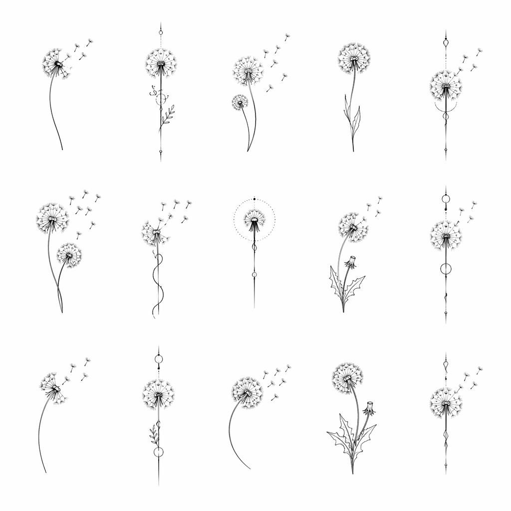 Minimalistische Fineline-Pusteblume als Tattoo-Design auf weißem Papier, klare Linien, Flashsheet-Stil.