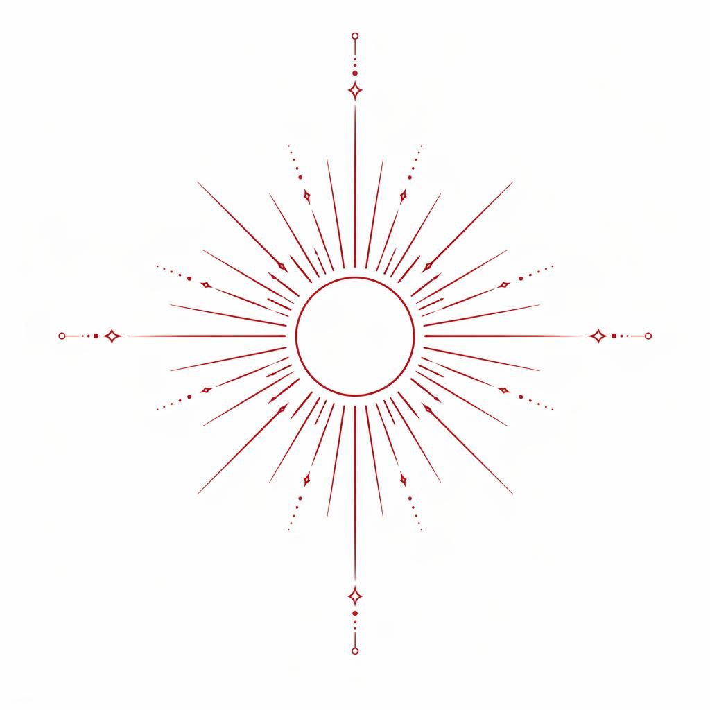 Minimalist fineline sun rays tattoo design on white paper, neo-traditional flash style with sharp red linework.