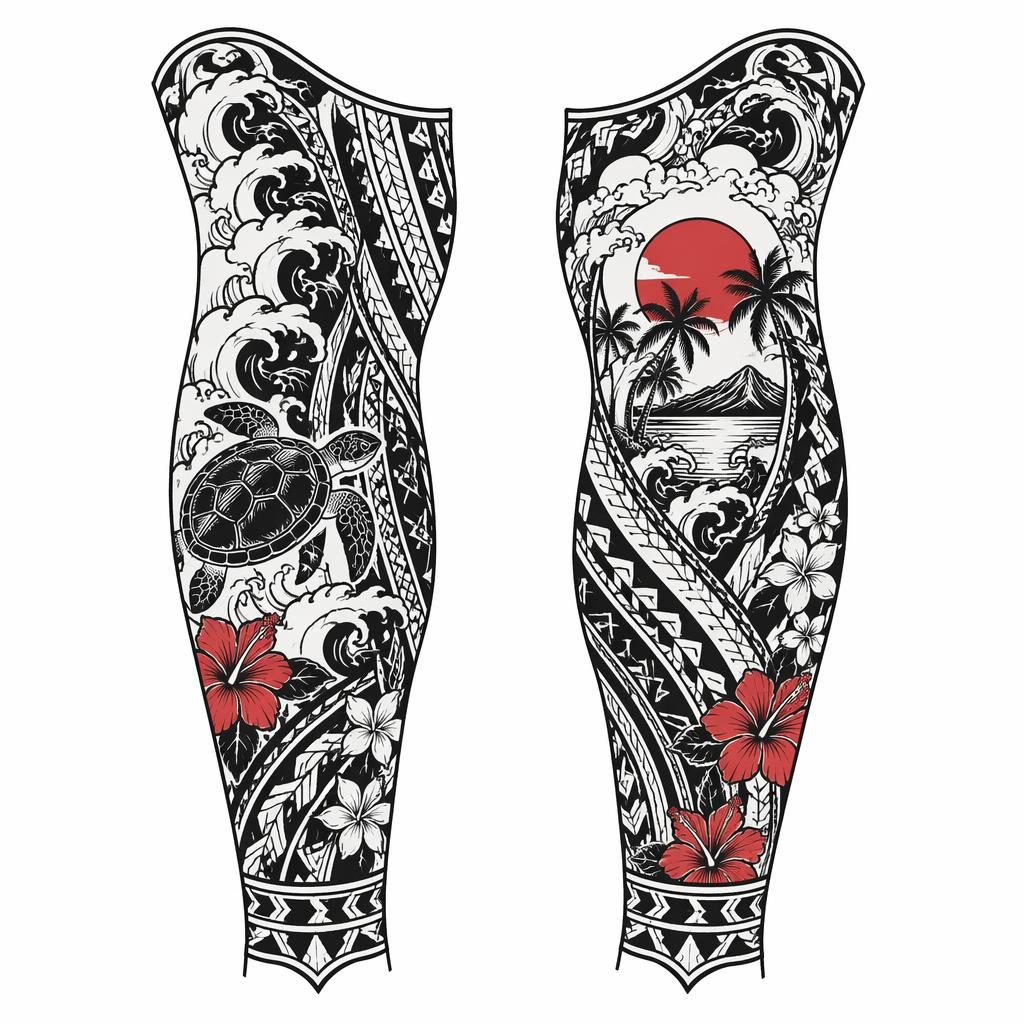 Tattoo-Design auf weißem Papier: samoanischer Calf-Wrap im japanischen Irezumi-Stil, klare Linien, hoher Kontrast.