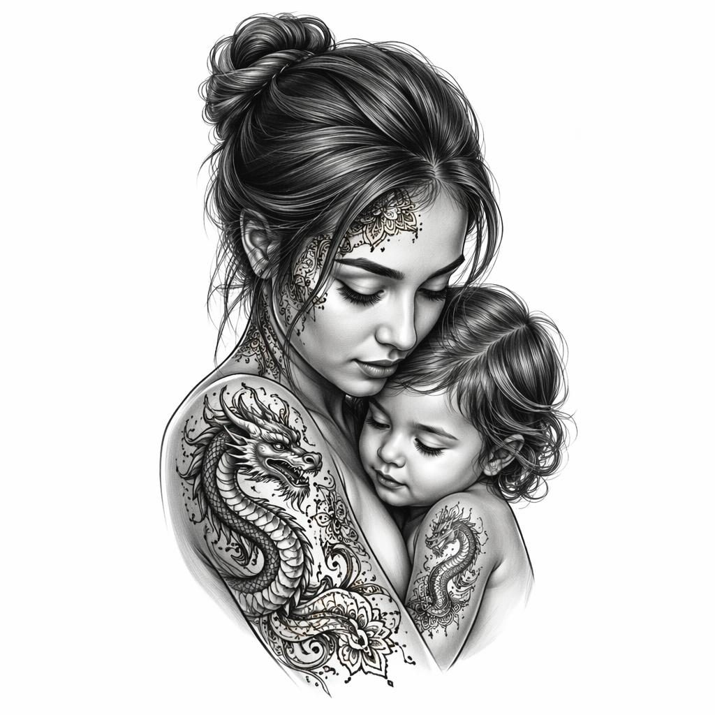 Small realism mother and child portrait tattoo design drawn on white paper in clean flash-sheet style.