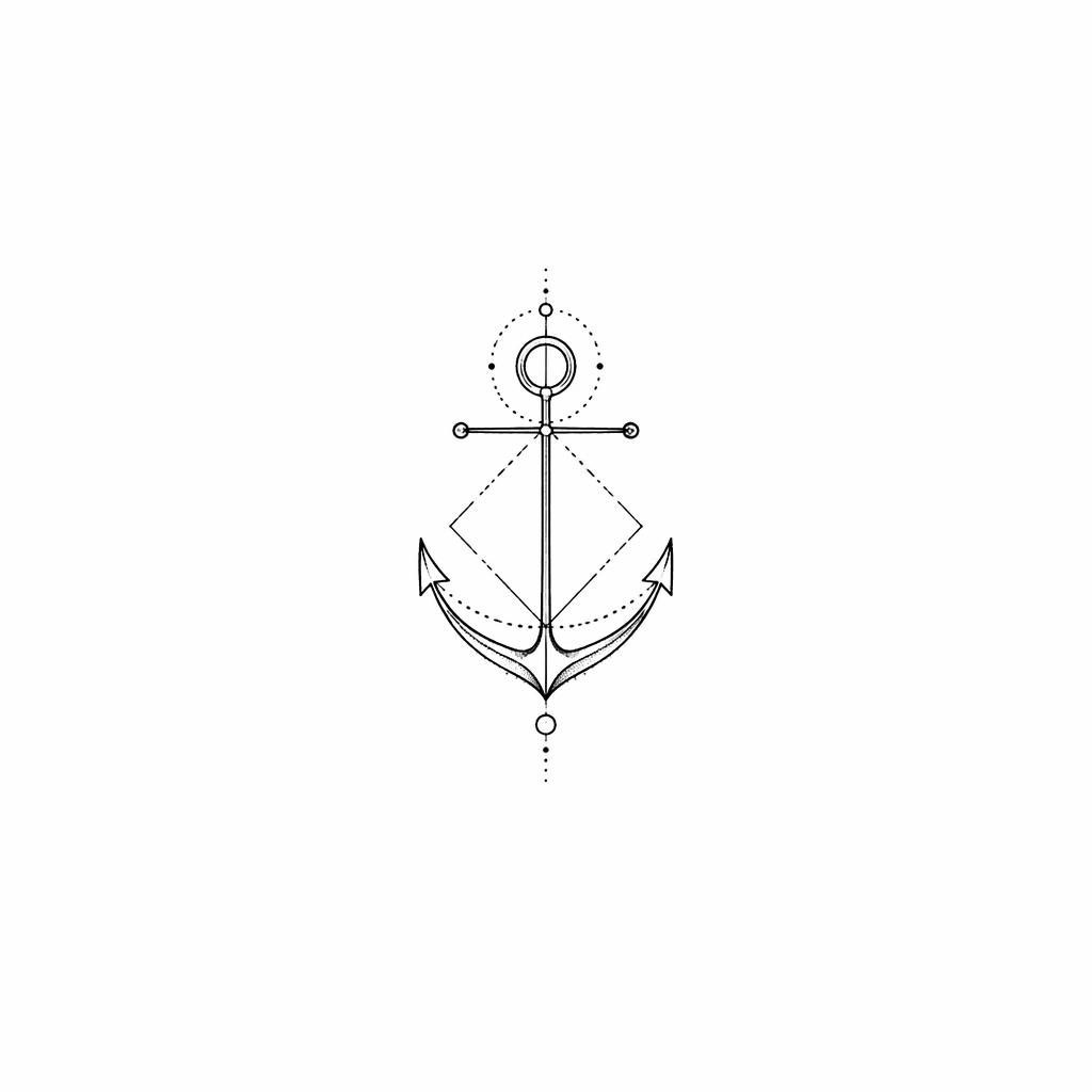 Minimalist fineline anchor tattoo design on white paper, geometric dotwork style, tiny flash-sheet illustration.