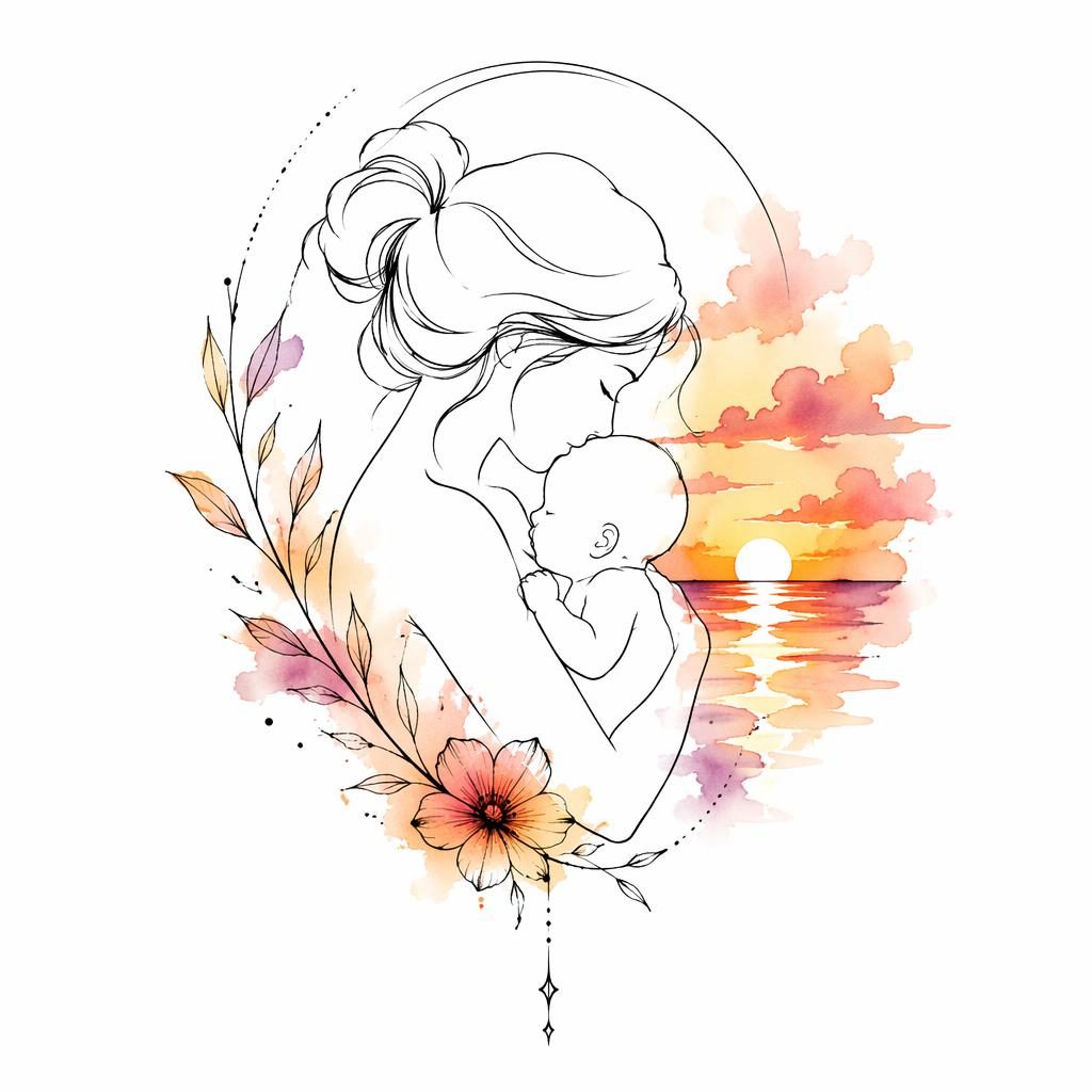 Diseño de tatuaje en papel blanco con silueta minimalista de mamá y bebé, líneas finas y paleta acuarela atardecer.