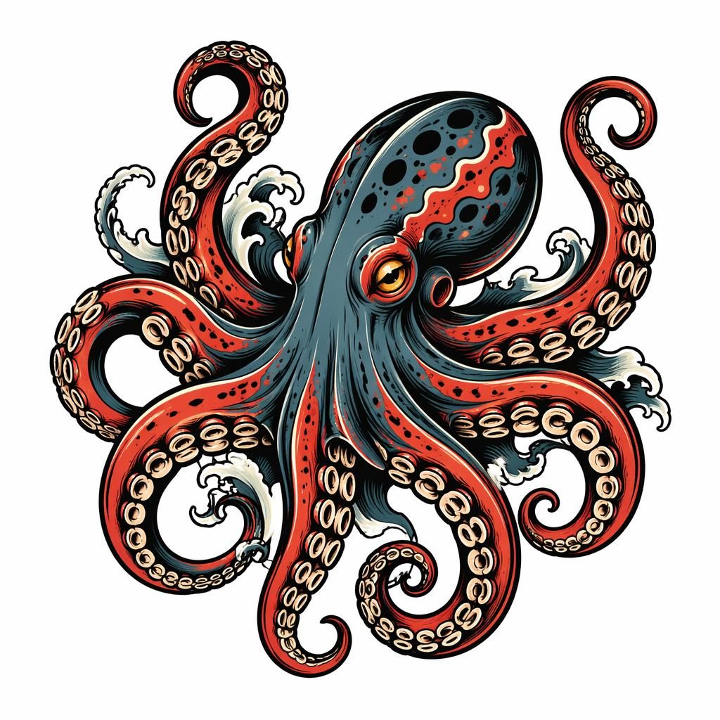 Tattoo-Design eines neo-traditional Oktopus als Flash-Sheet-Illustration auf weißem Papier, mit scharfen Linien.