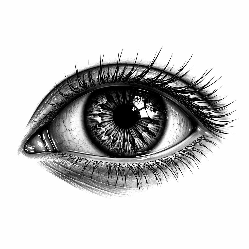 Blackwork realism eye macro tattoo design on white paper, bold high-contrast lines, clean flash-sheet illustration.