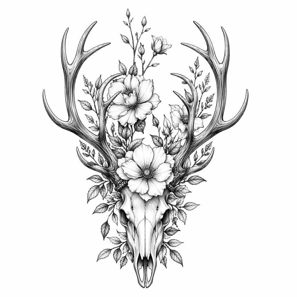 Concept de tatouage sur papier blanc avec bois de cerf réalistes, illustration nette en noir et blanc, style flash