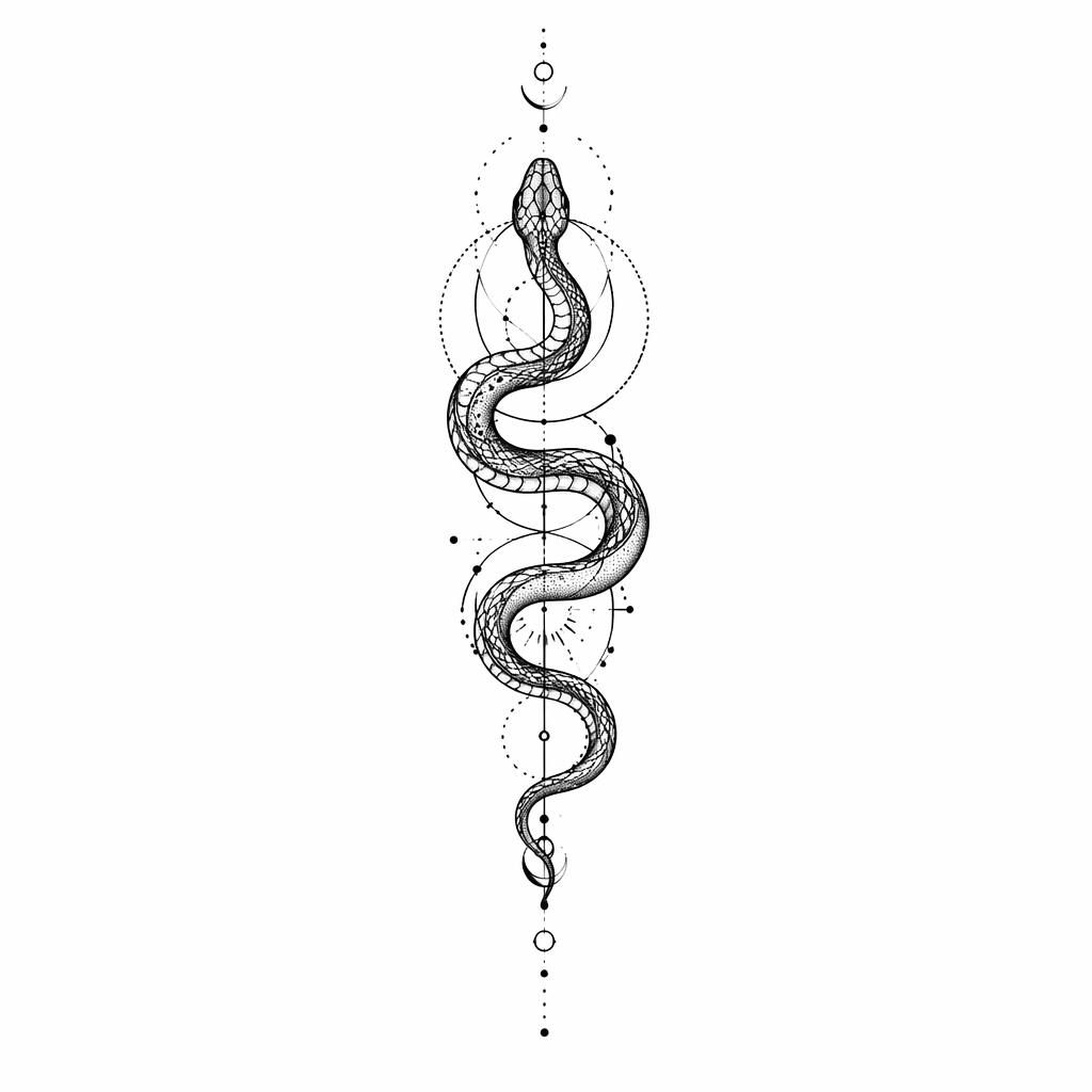 Geometrisches Dotwork-Tattoo einer Schlange auf weißem Papier, als klare Flash-Sheet-Zeichnung für kleines Collarbone-Motiv