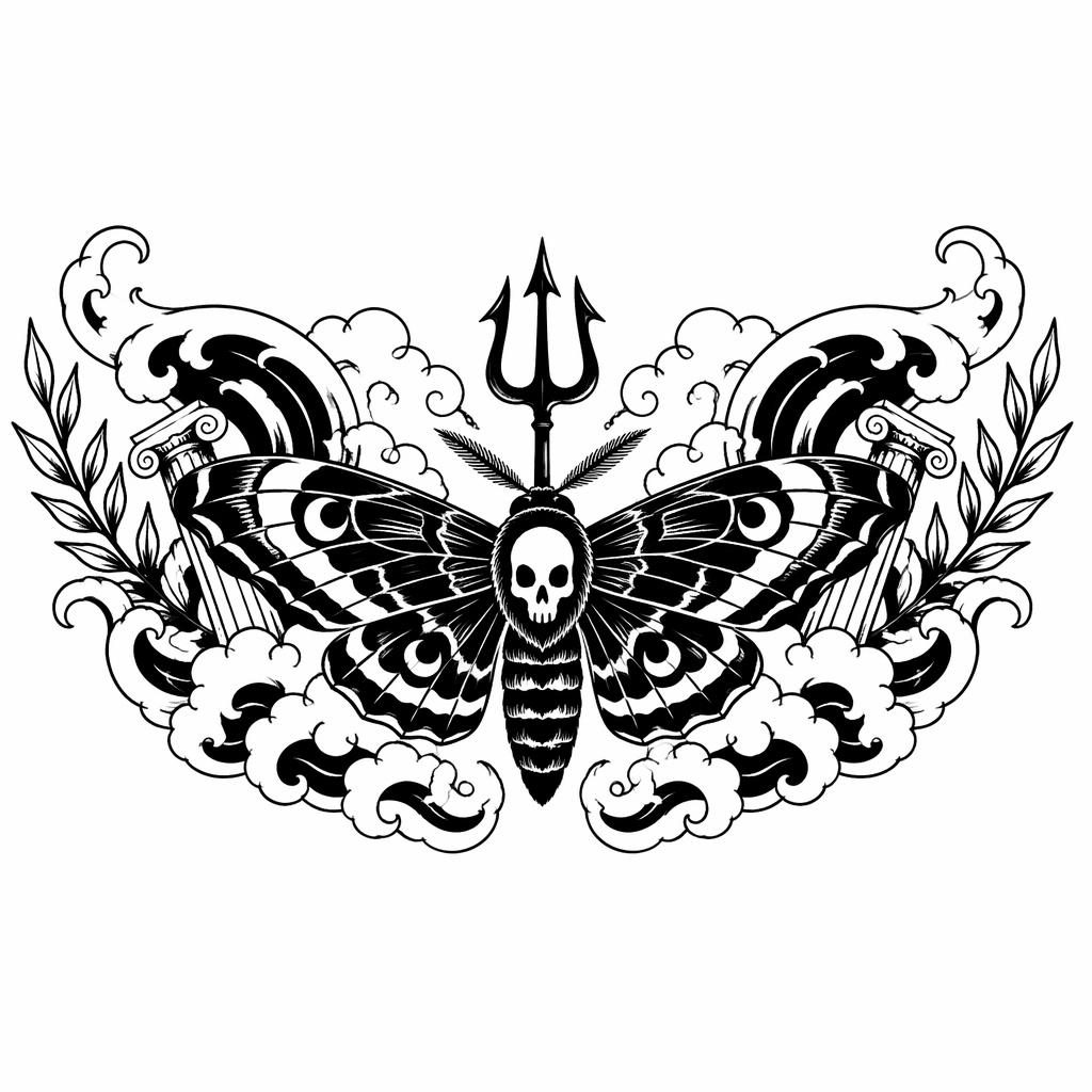 Blackwork moth chest tattoo design on white paper in Japanese irezumi style with sharp lines and plain background.