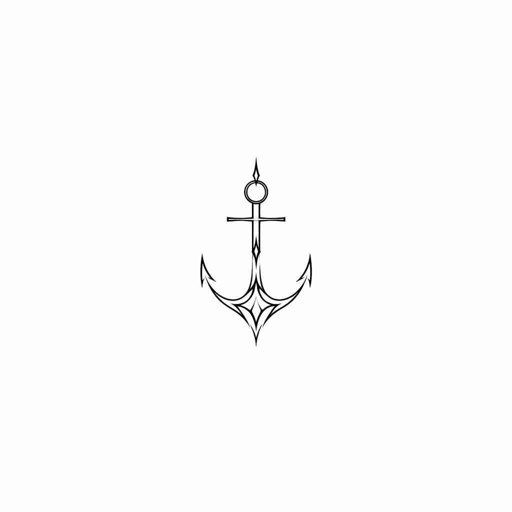 Minimalistischer Fineline-Anker im Tribal-Stil auf weißem Papier, saubere scharfe Linien, Tattoo-Flash-Design.