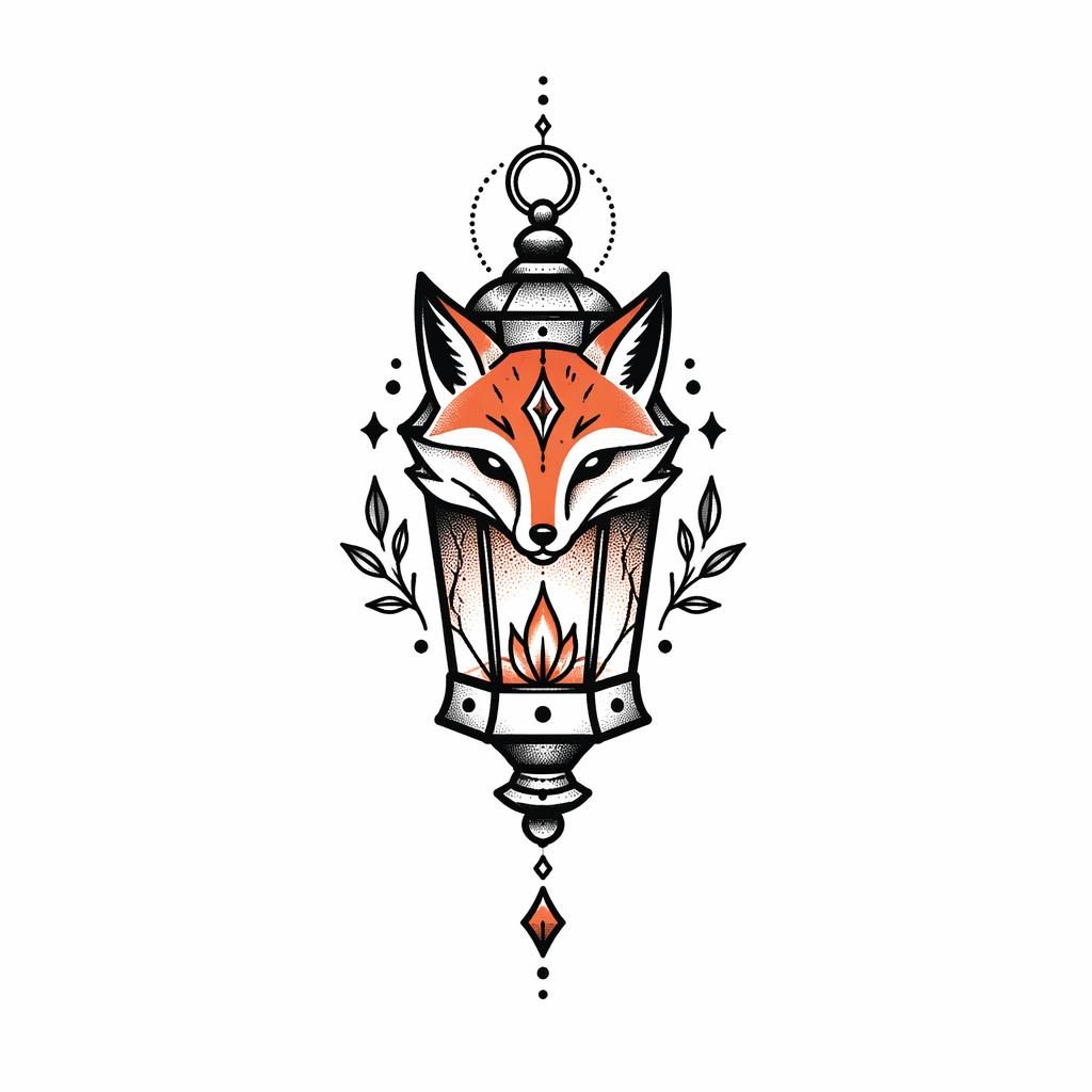 Neo-Traditional Fuchs-Laterne als kleines Tattoo-Design auf weißem Papier, mit Geometrie, Dotwork und klaren Linien