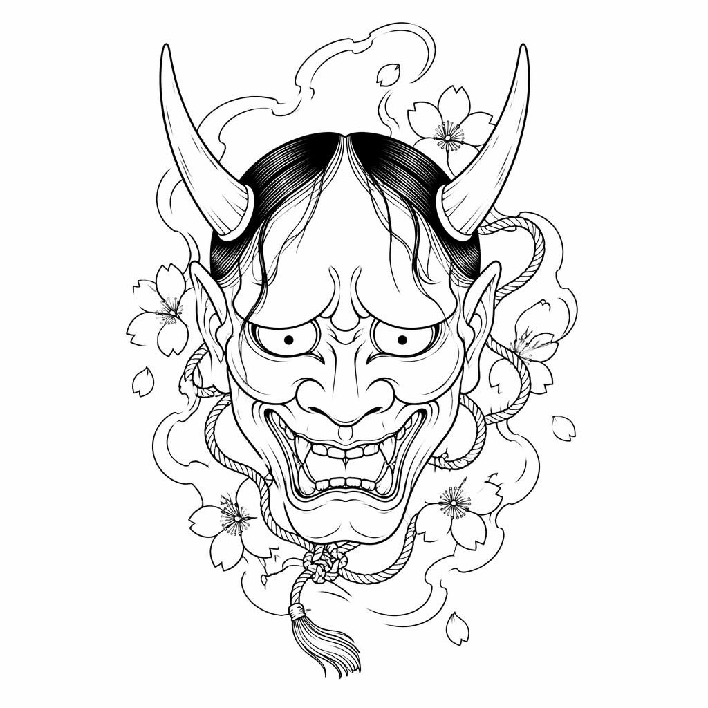 Diseño de tatuaje de máscara hannya japonesa en fineline minimalista sobre papel blanco, líneas nítidas y alto contraste