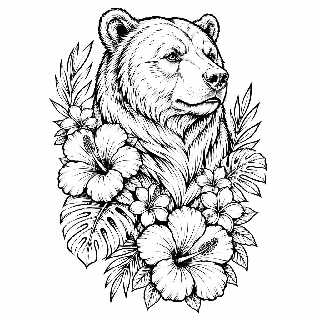 Diseño de tatuaje en papel blanco con oso floral neotradicional en linework, estilo flash limpio y alto contraste.