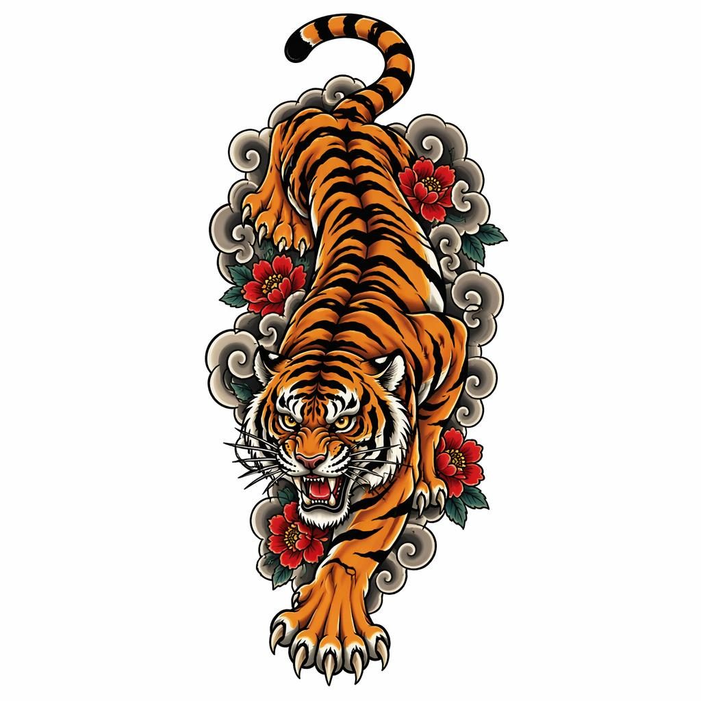 Neo-traditionelles Tattoo-Konzept eines kriechenden japanischen Tigers auf weißem Papier, klare Linien, hoher Kontrast.