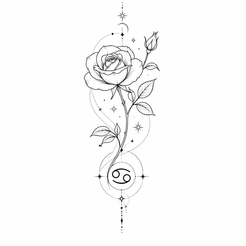 Minimalist fineline rose tattoo design on white paper, neo-traditional flash style with sharp black lines and plain background.