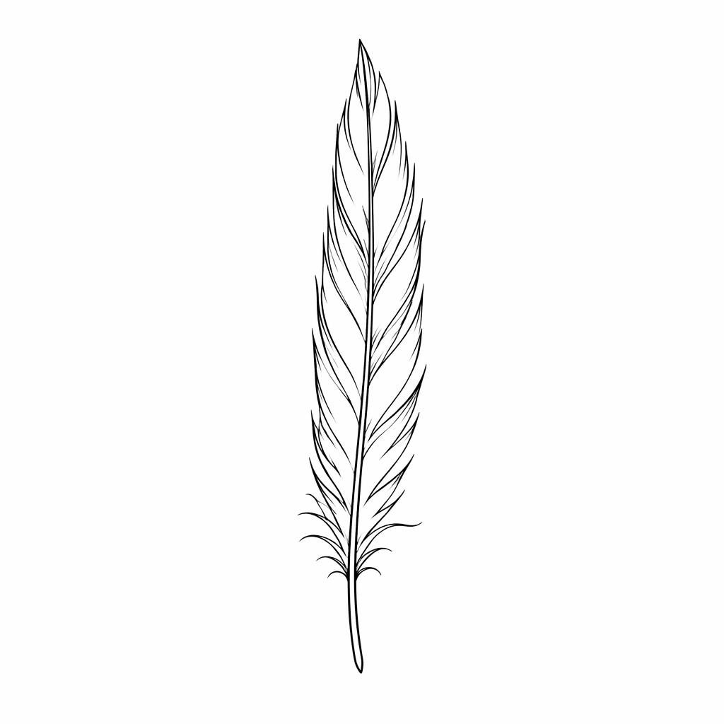 Blackwork tattoo flash of a minimalist fineline feather on white paper, with sharp high-contrast lines and clean layout.