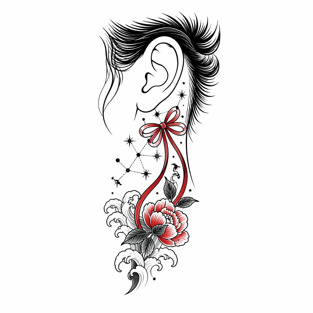 Tattoo-Design auf weißem Papier: kleine Konstellation im Irezumi-Flash-Stil, klare schwarze Linien, hoher Kontrast.