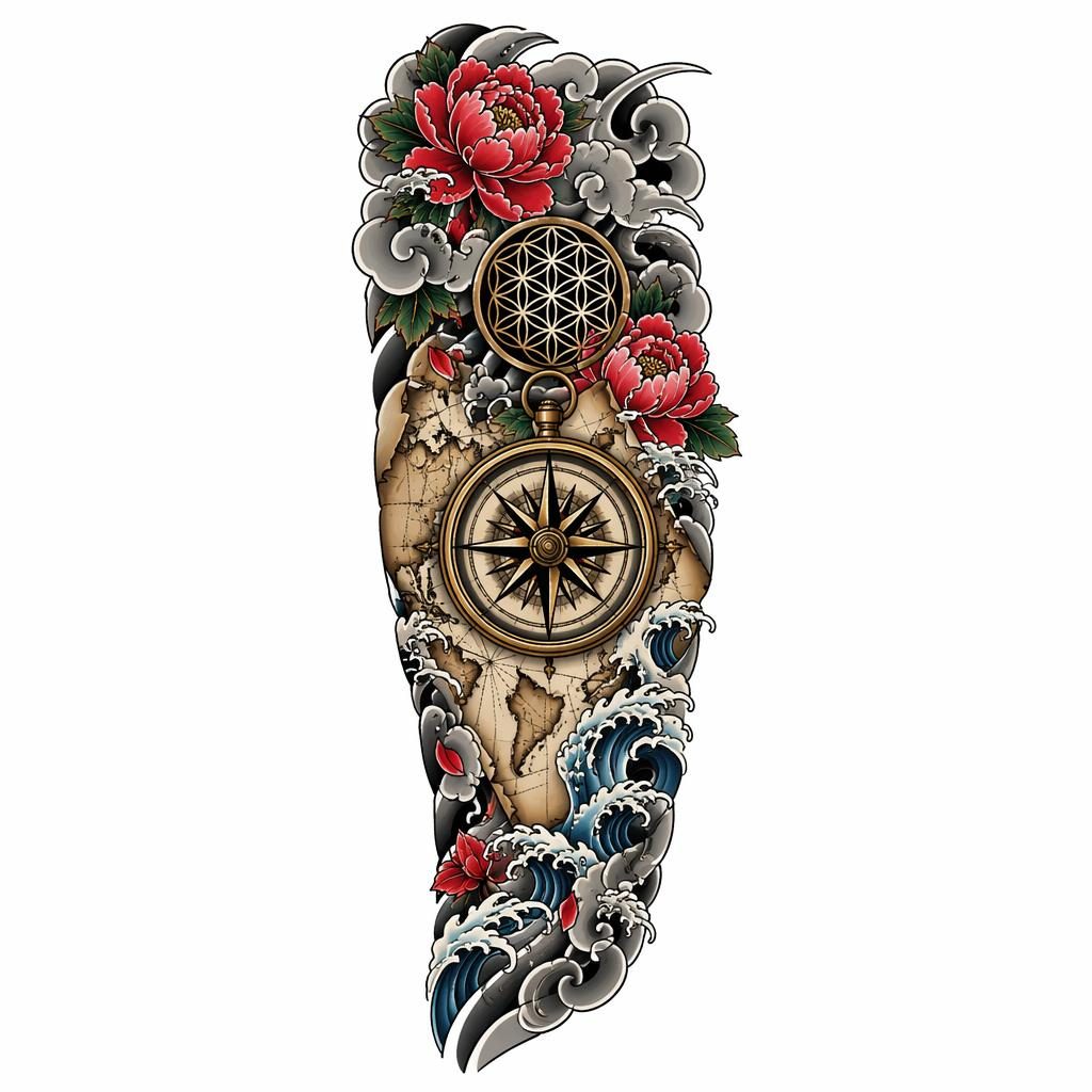 Clean tattoo flash on white paper showing a compass and map forearm motif in Japanese irezumi linework.