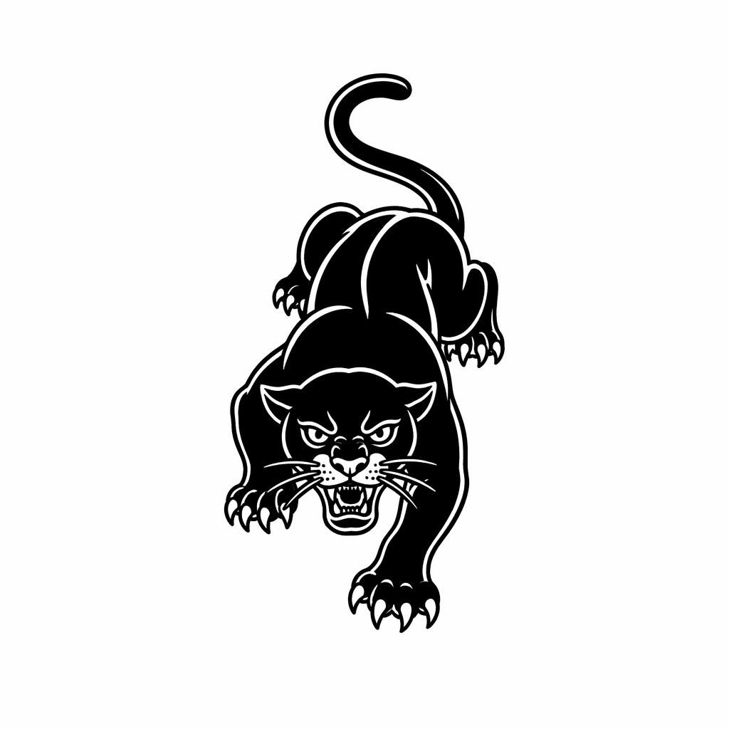 Diseño de pantera tradicional en blackwork sobre papel blanco, postura de arrastre, líneas negras gruesas y alto contraste.