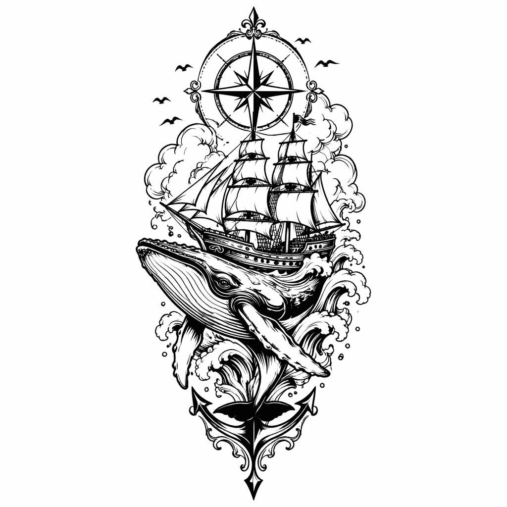 Ilustración de tatuaje en papel blanco con ballena barco neotradicional en blackwork, líneas gruesas y alto contraste.
