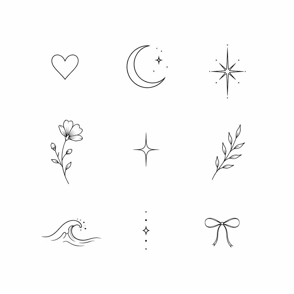Flash-Sheet mit kleine tattoos auf weißem Papier: Herz, Halbmond, Stern, Blume und feine Welle im Fineline-Stil.