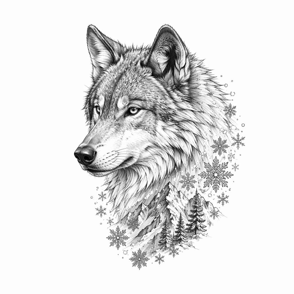Tattoo design concept on white paper showing a high-contrast wolf in snow sketch with sharp linework and clean flash-sheet styling.
