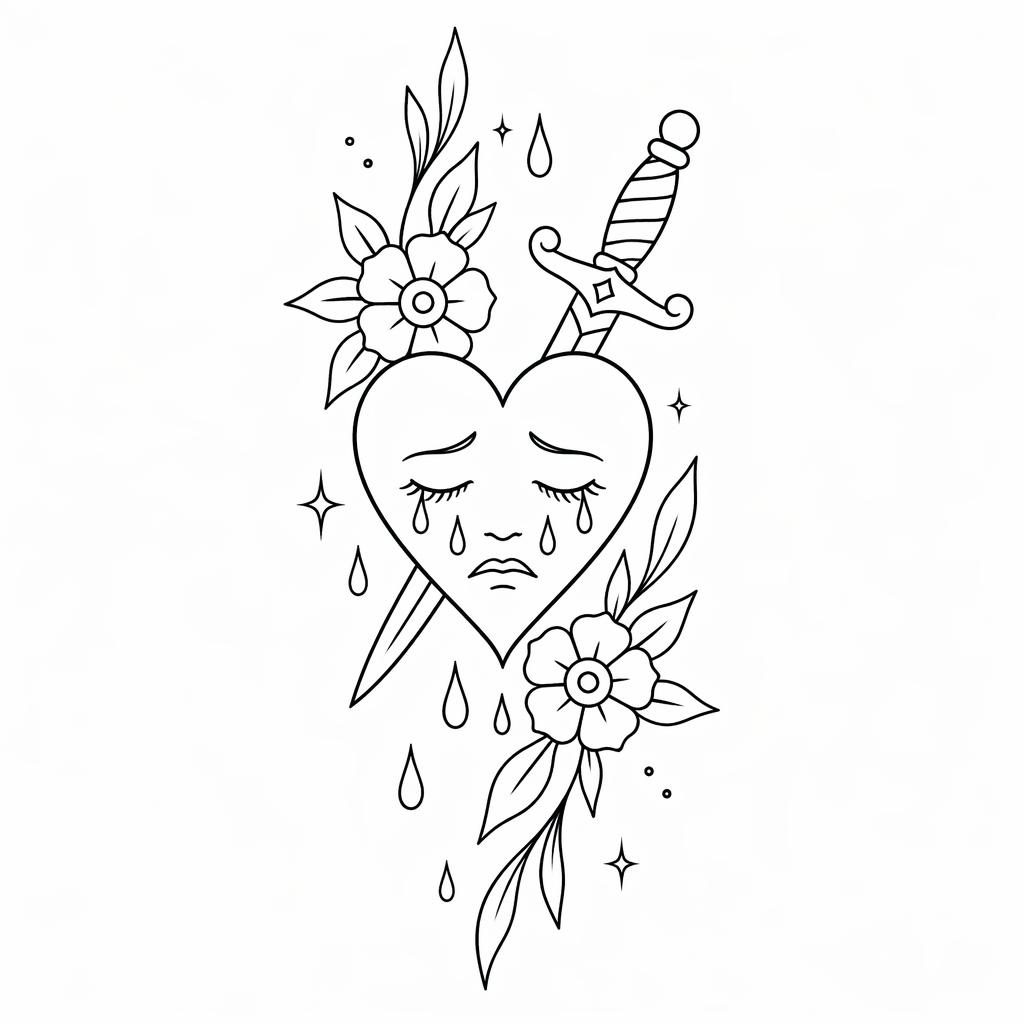Fineline minimalist traditional crying heart tattoo design on white paper, sharp black lines, flash-sheet style.