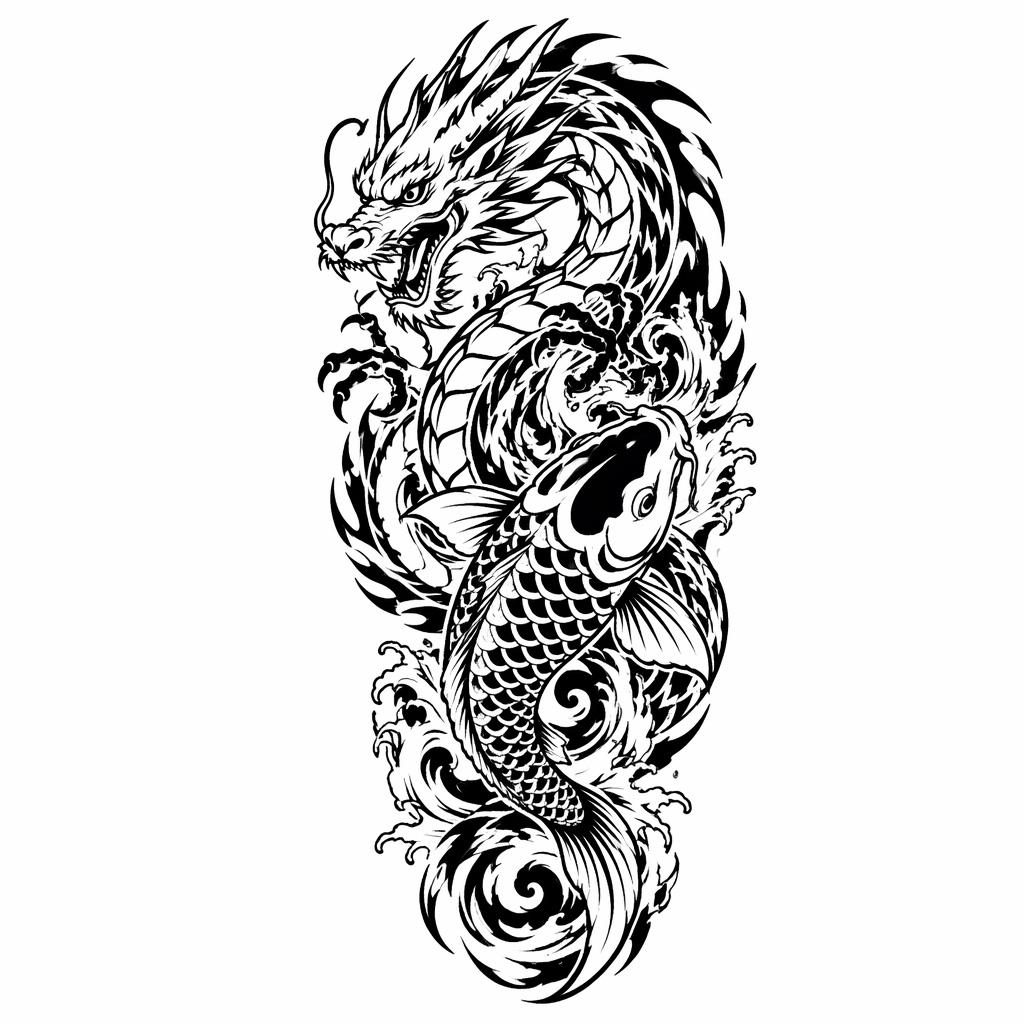 Tattoo-Entwurf auf weißem Papier: japanischer Koi-Dragon Sleeve im Tribal-Stil mit scharfen Linien
