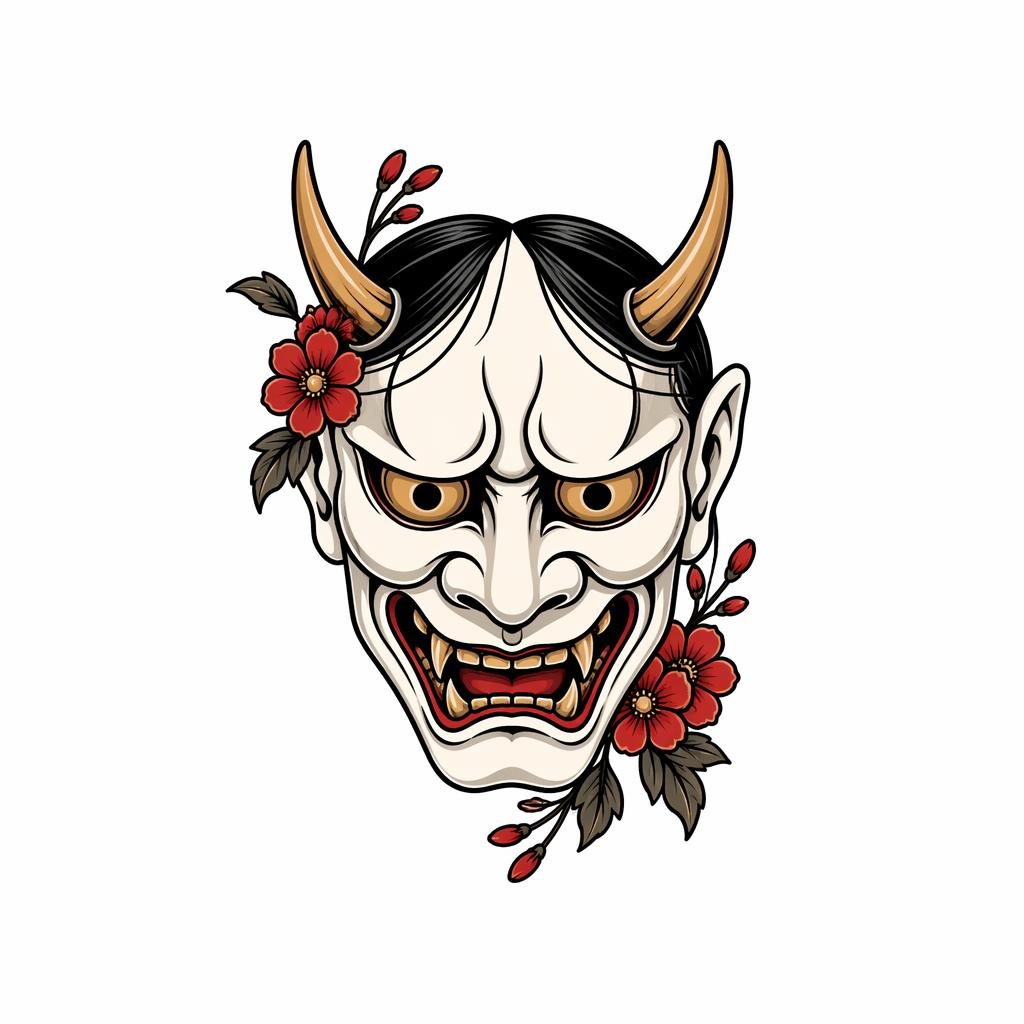 Neo-traditionelles Tattoo-Design einer japanischen Hannya-Maske auf weißem Papier, klare Linien, hoher Kontrast.