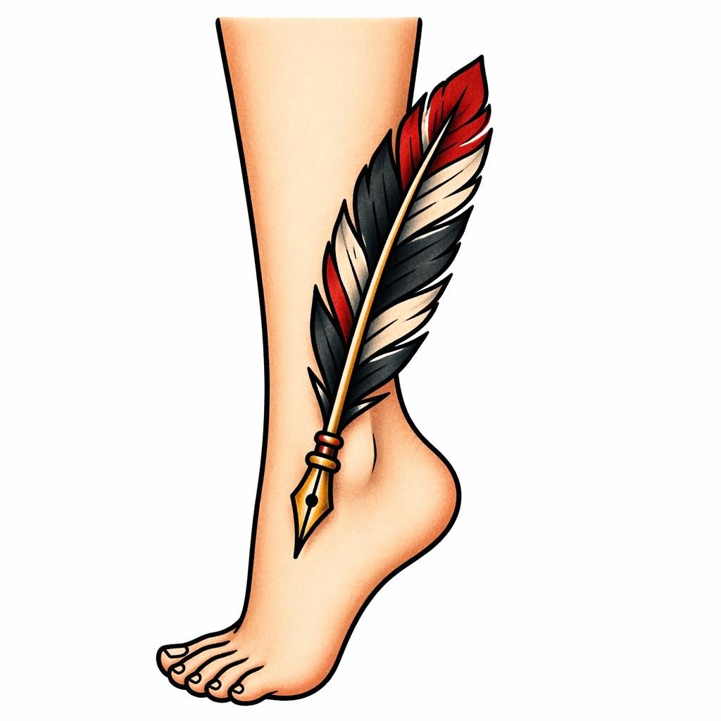 Tattoo-Design auf weißem Papier: Federkiel hinter dem Knöchel, Traditional-American-Stil, klare Linien, hoher Kontrast.