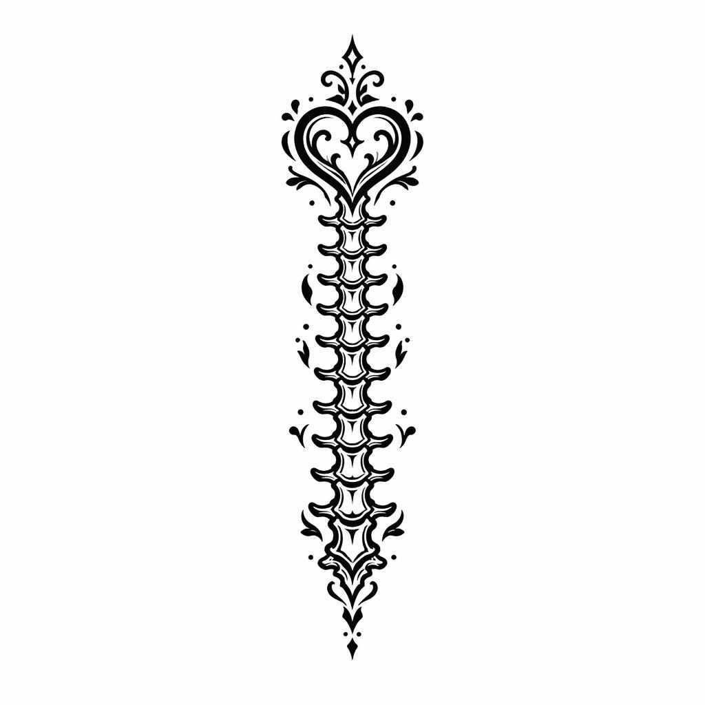 Blackwork-Ornament als kleines Herz-Tattoo für die Wirbelsäule auf weißem Papier, klare Linien, hoher Kontrast