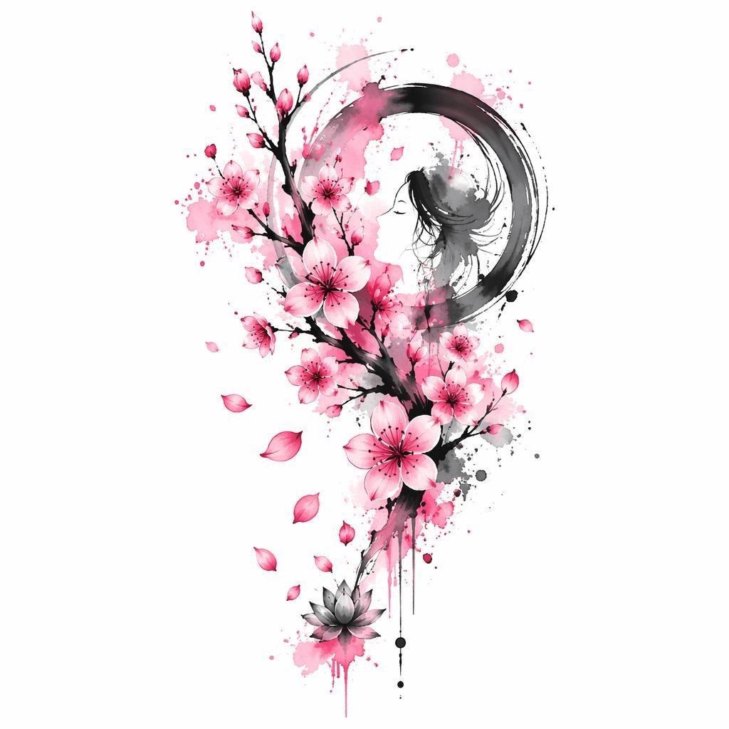 Watercolor splash tattoo design of Japanese cherry blossoms on white paper, clean flash-style lines on plain white background.