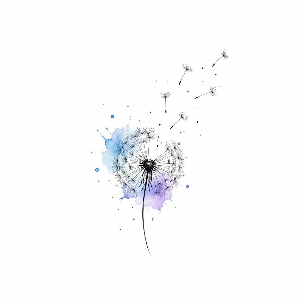 Minimalistische Fineline-Pusteblume auf weißem Papier mit Aquarellspritzern, als kleines Tattoo-Flash gestaltet.