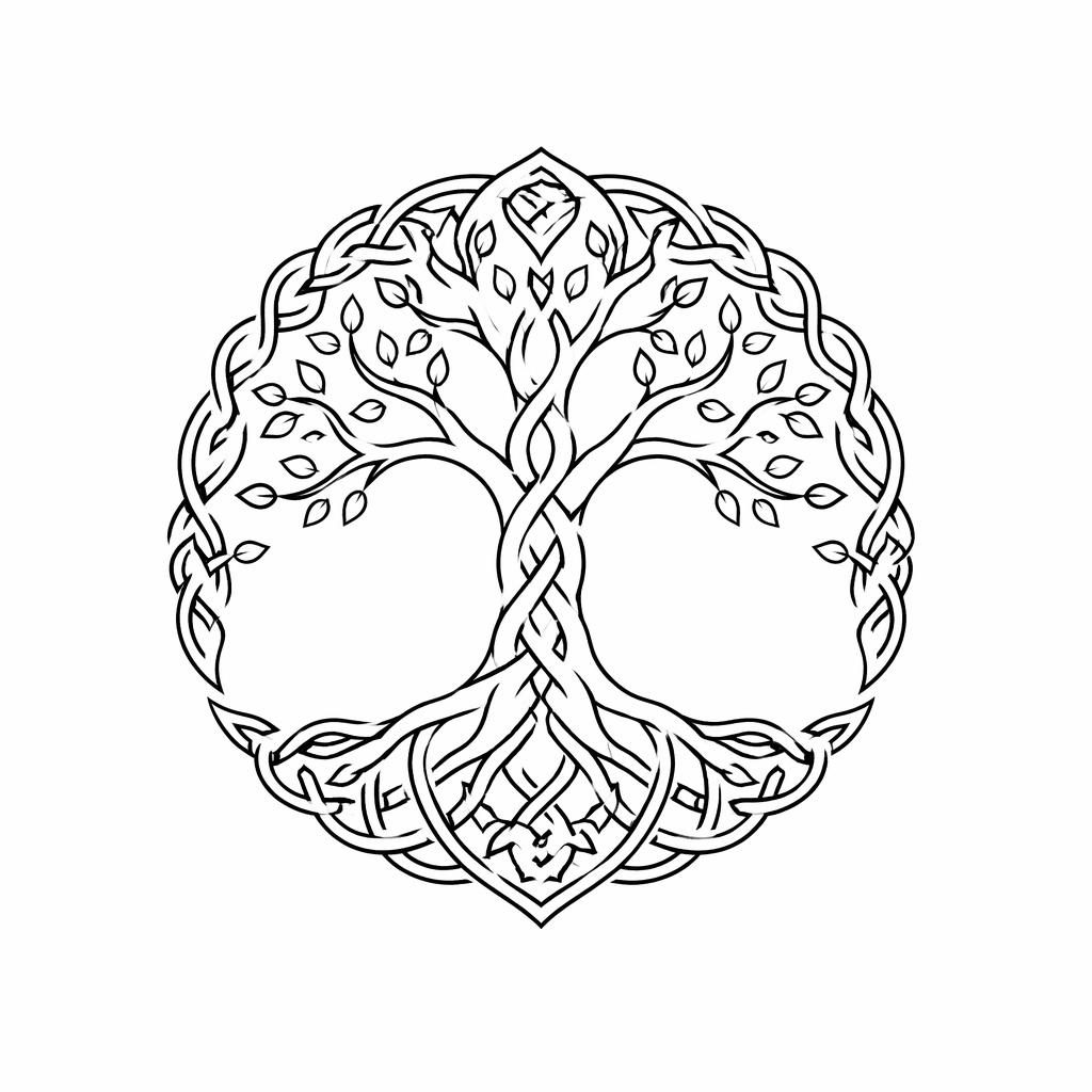 Fineline minimalist Celtic tree of life tattoo flash design on white paper, sharp black lines, plain white background.
