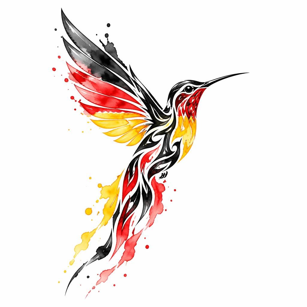 Tattoo-Design auf weißem Papier: Aquarell-Kolibri im Tribal-Stil, klare Linien, hoher Kontrast, Flash-Sheet-Look.