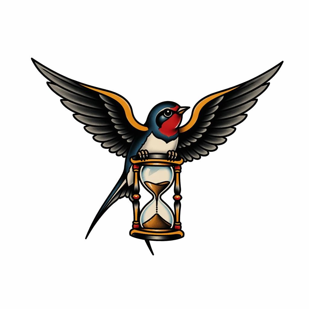 Neo-traditional swallow chest tattoo design on white paper, tiny flash-style illustration with sharp black lines.