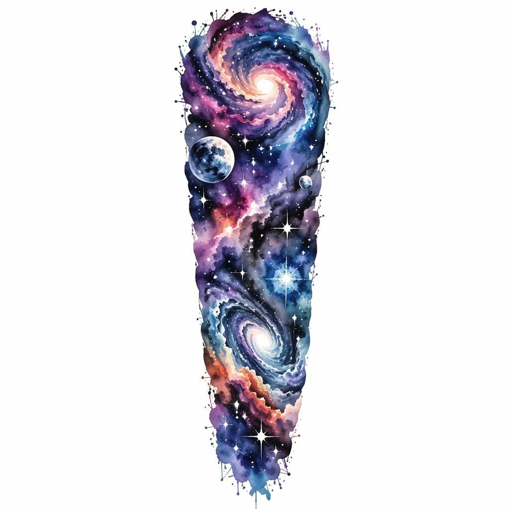 Tattoo-Design auf weißem Papier: abstrakte Aquarell-Galaxie als realistisches Flash-Sheet mit scharfen Linien.