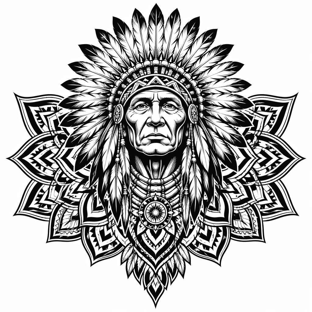 Blackwork tattoo flash on white paper showing a bold mandala chest piece with sharp, high-contrast lines.