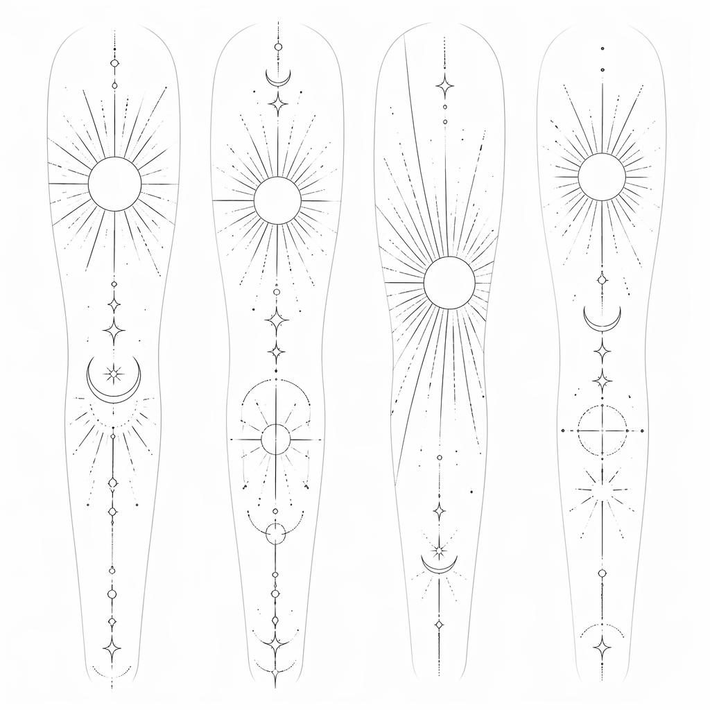 Diseño de tatuaje en papel blanco con rayos de sol minimalistas fineline, estilo geométrico y dotwork.