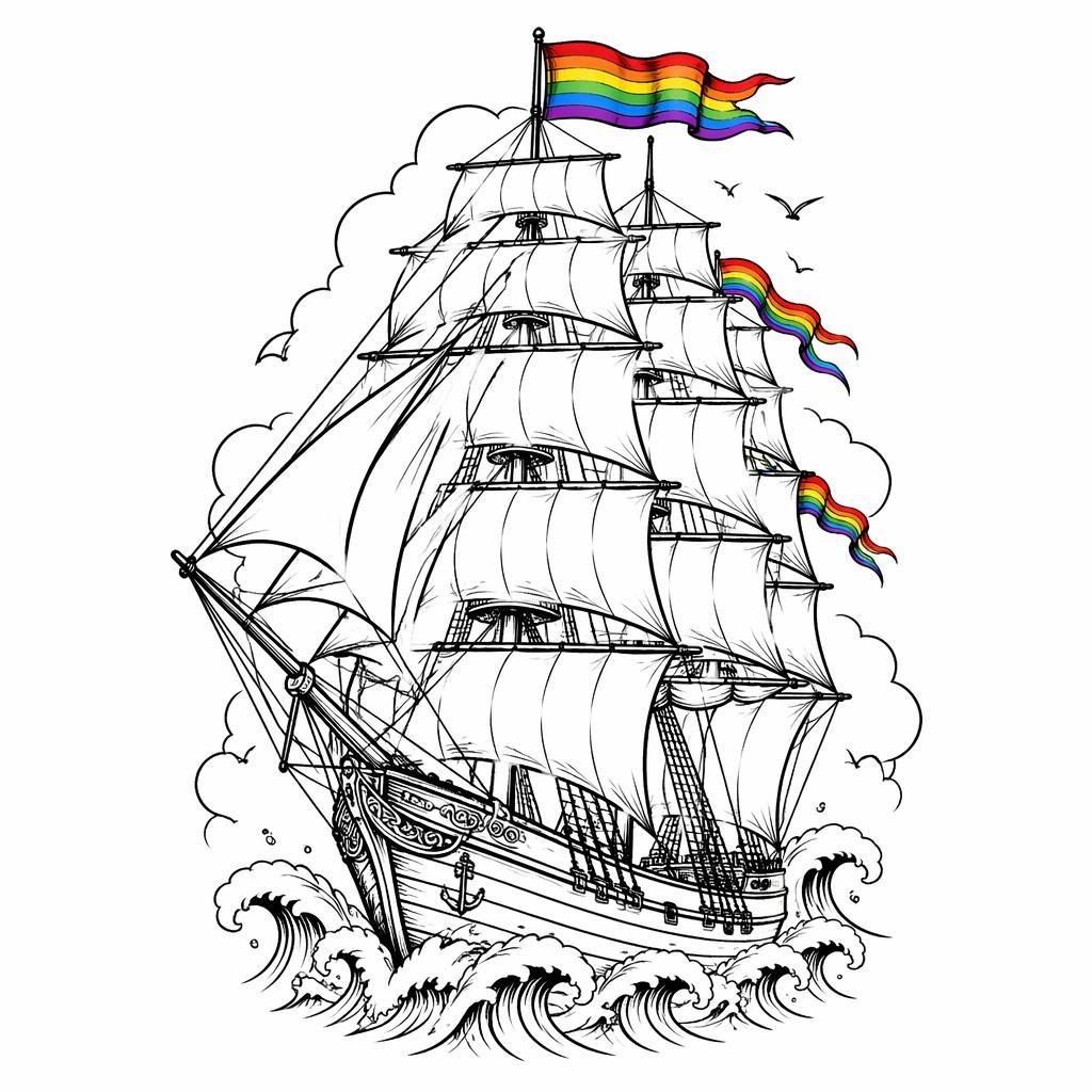 Traditional full-rigged ship tattoo flash sketch on white paper with sharp black linework and clean high-contrast detail.
