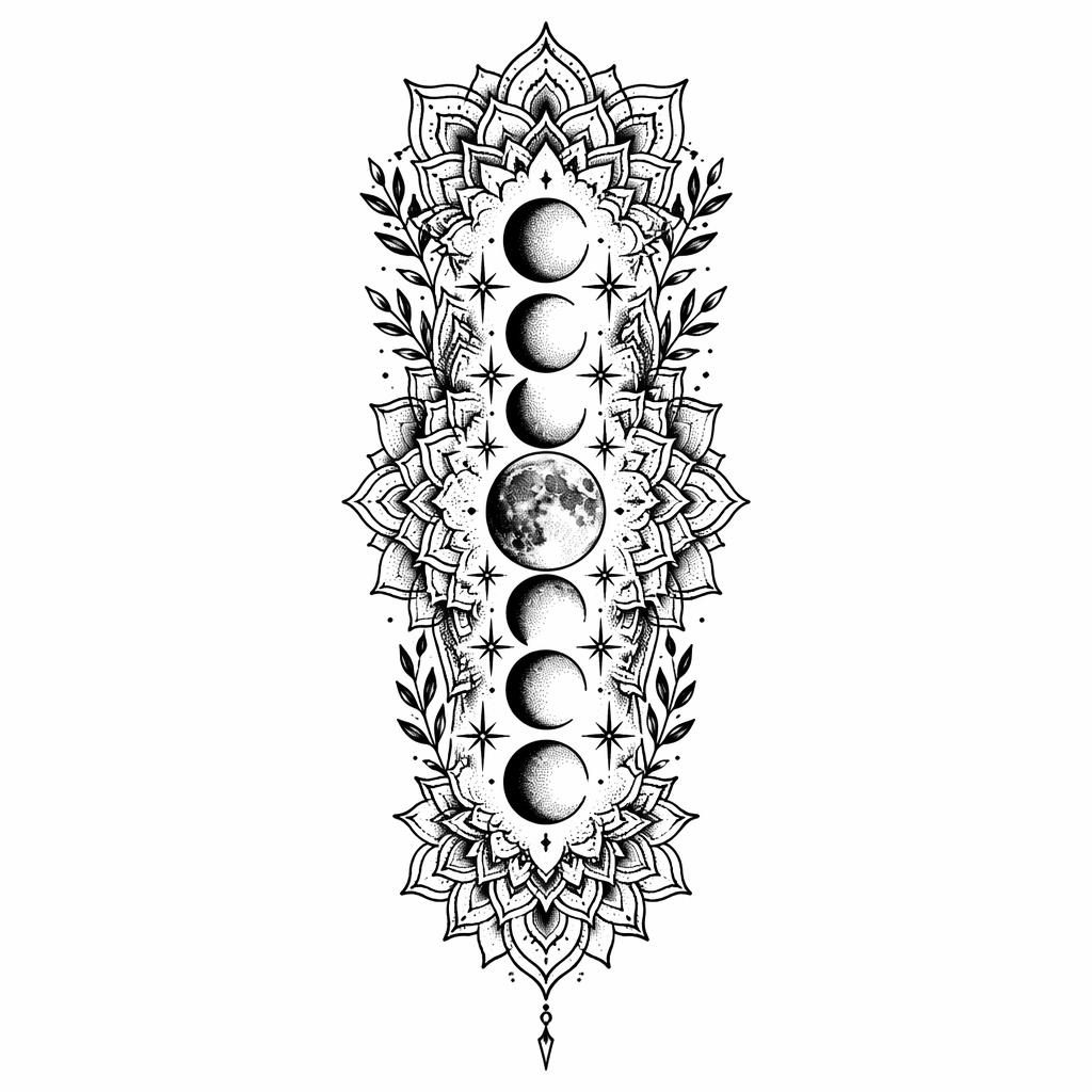 Traditional American tattoo flash concept on white paper showing dotwork moon phases arranged for a forearm or sleeve panel.