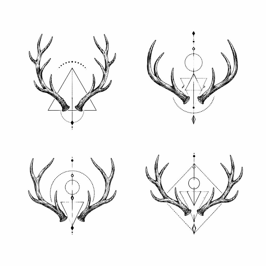 Geometrisches Hirschgeweih als realistisches Tattoo-Design auf weißem Papier, in Dotwork für ein kleines Handgelenk-Motiv.